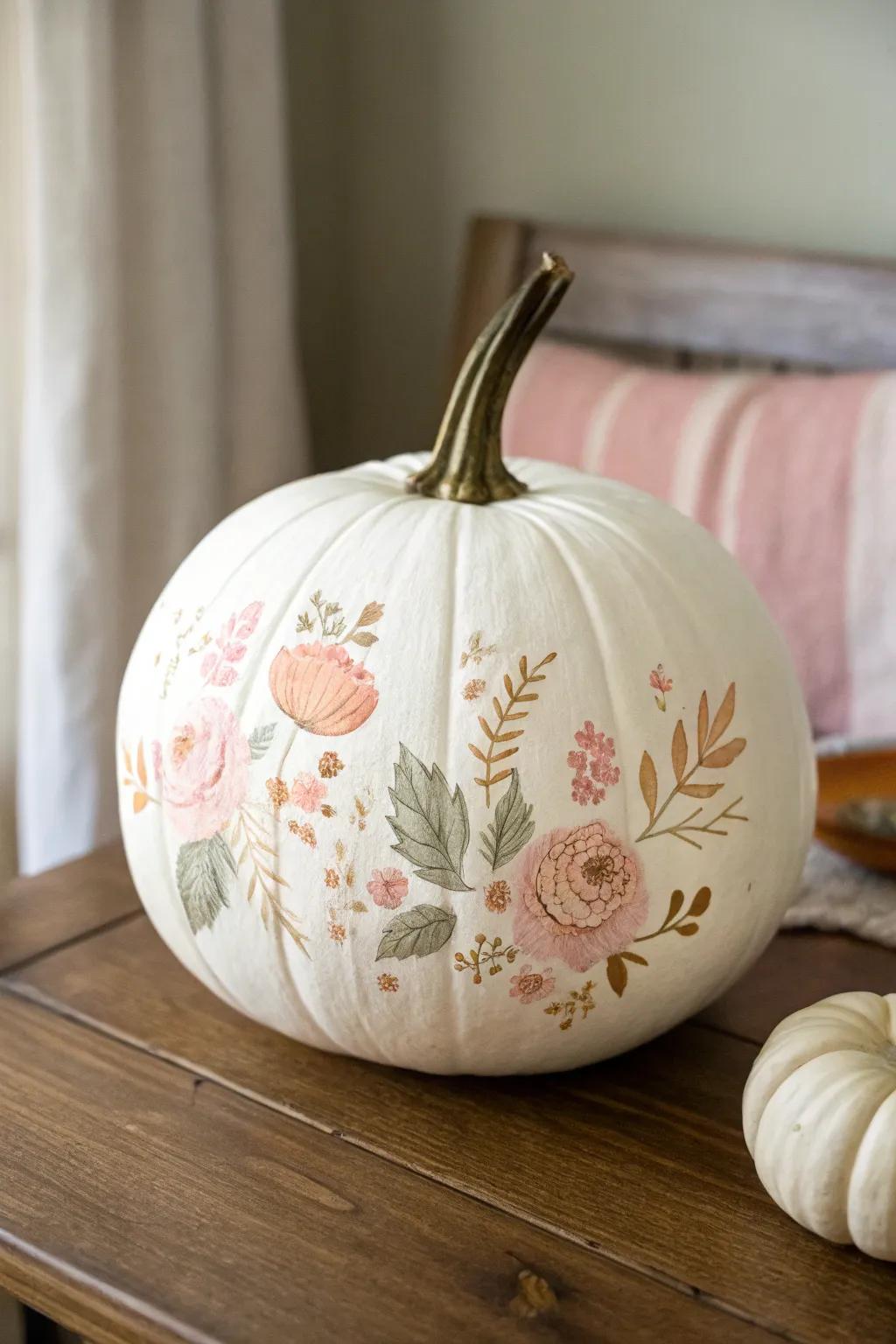 Embrace a Floral Fantasy this fall with elegant pumpkin art that brings springtime charm to your decor.