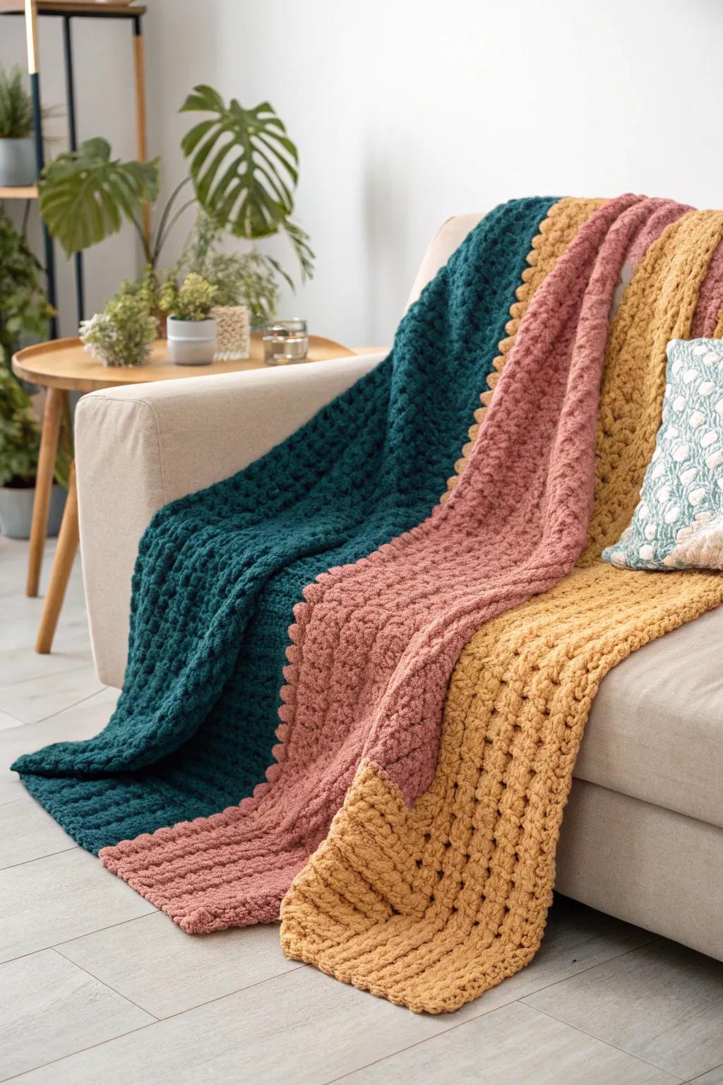Embrace the art of simplicity with a bold color block crochet blanket that adds a touch of warmth and elegance to any space.