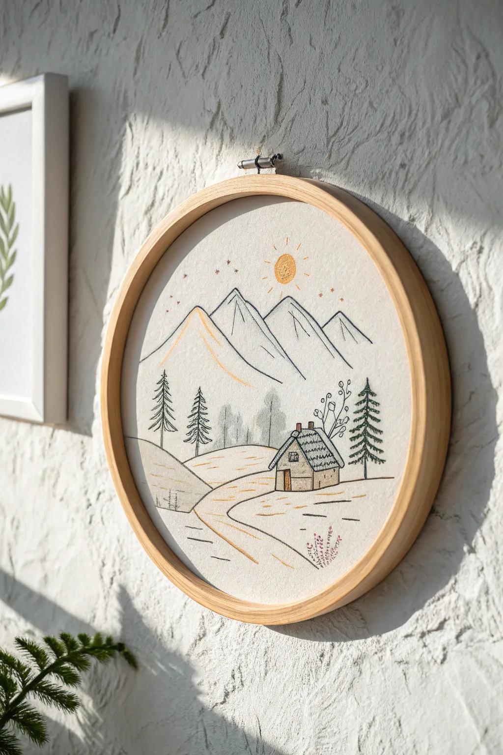 Escape to tranquility with a minimalist mountain retreat, beautifully framed for your home.