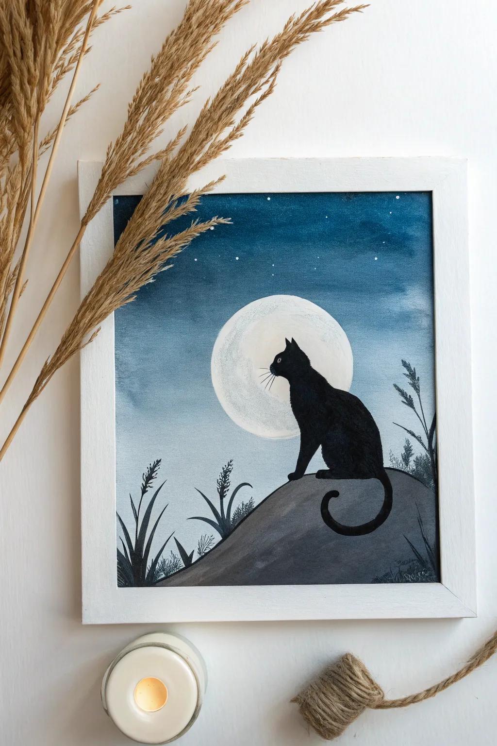 Capture the mysterious allure of Halloween with a minimalist black cat painting.