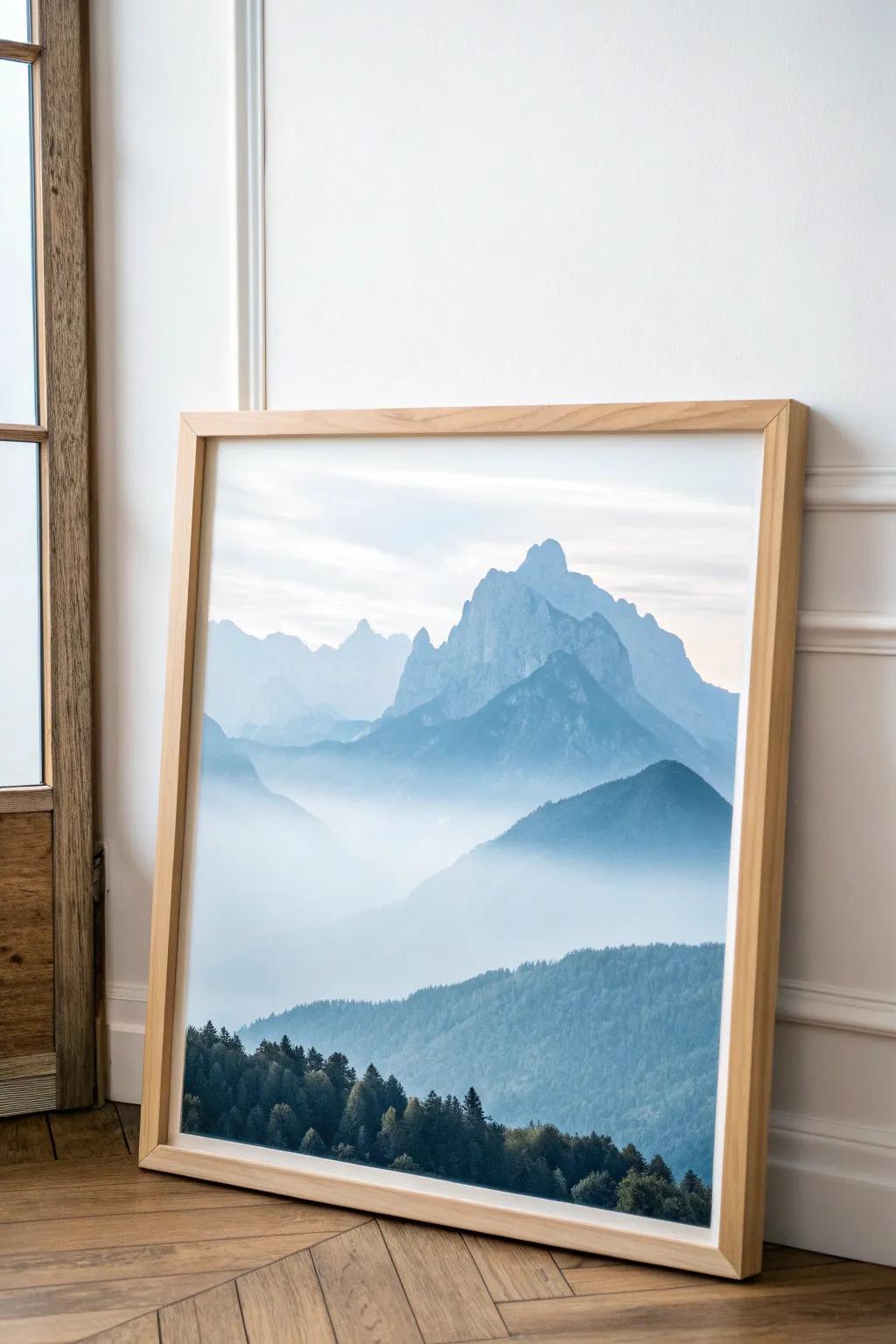 Embrace the tranquility of mystical mountain views with this minimalist masterpiece.