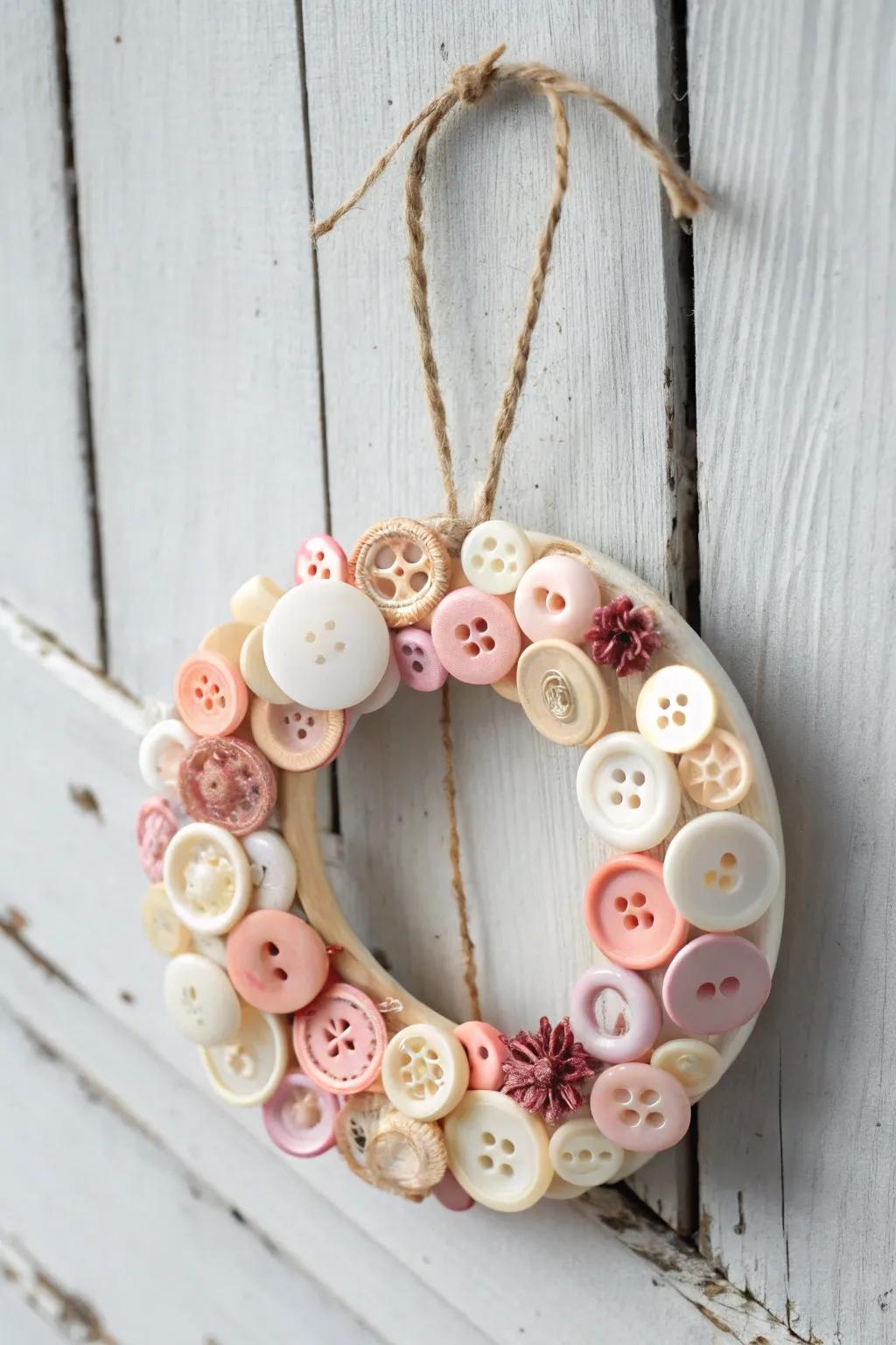 Charming Button Wreath: A playful mix of pastel buttons creates a delightful handmade ornament, perfect for any tree!