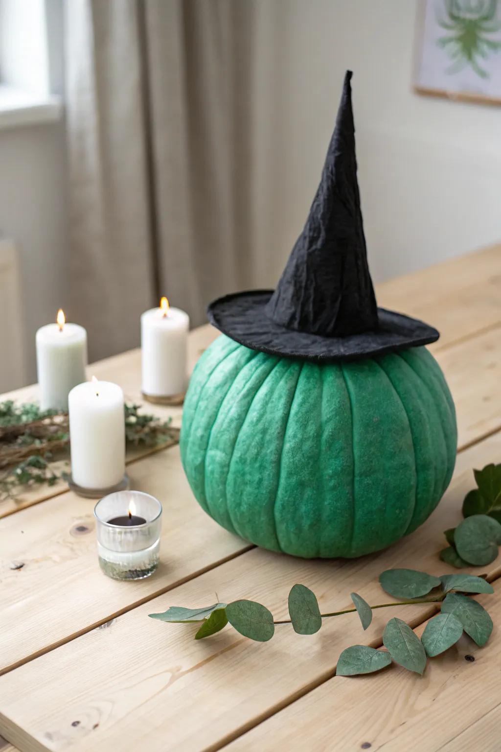 Enchant your space with this charming green witch pumpkin — a spellbinding addition to your Halloween decor!