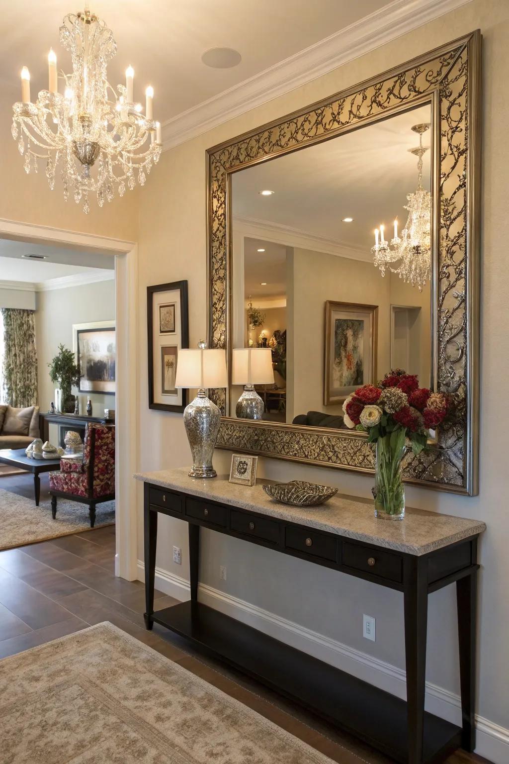 Mirrors reflect light and space, enhancing the entryway's ambiance.