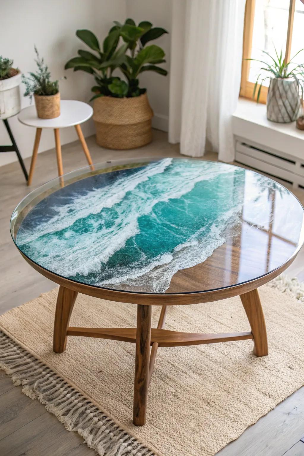 Bring the serenity of the ocean into your home with this stunning epoxy wave coffee table. 🌊✨