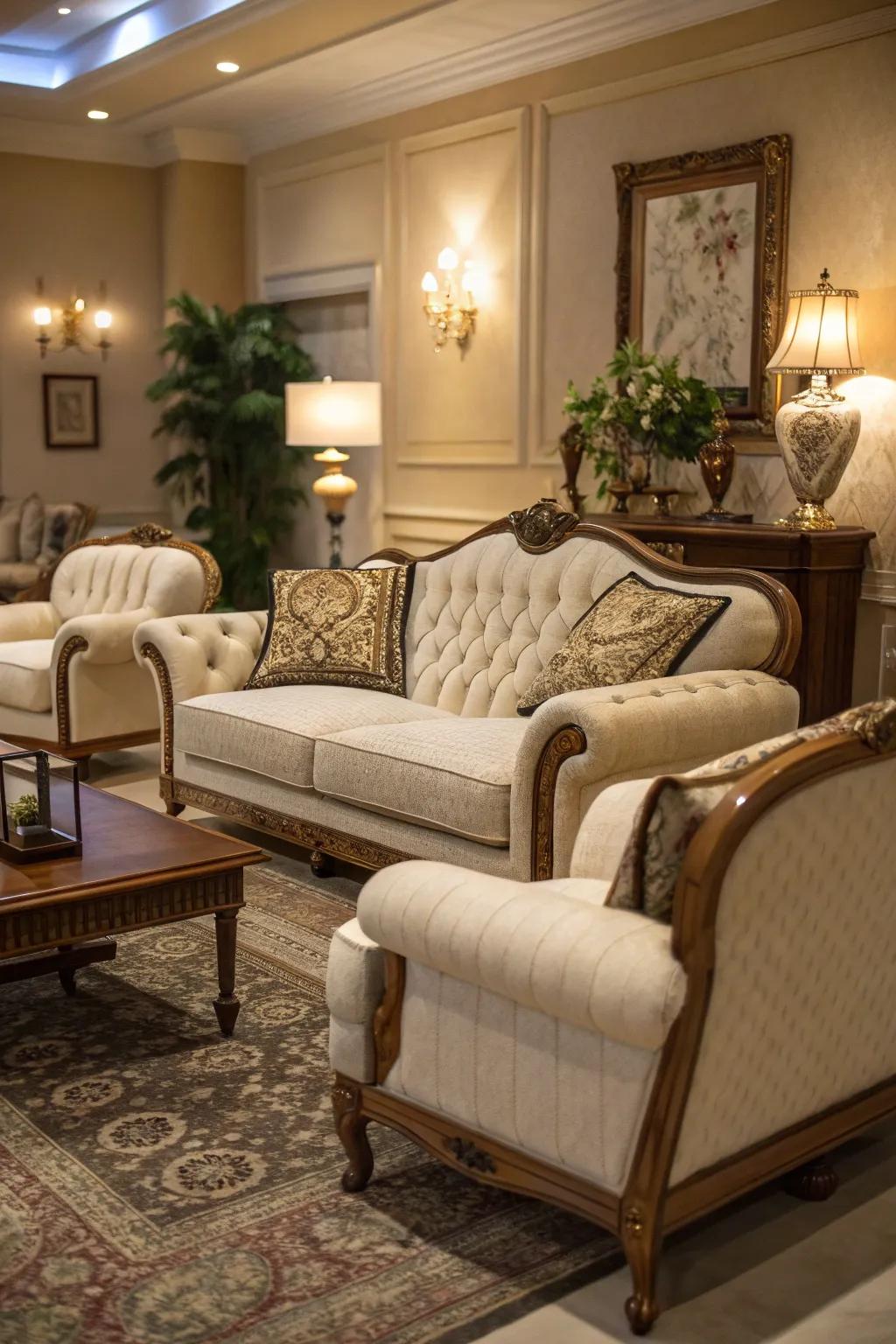Elegant and plush seating arrangements define this chic European living room.