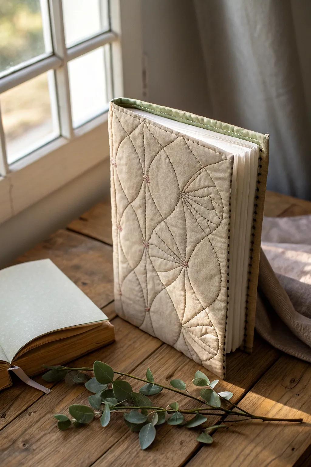 Wrap your stories in warmth with a quilted book cover that speaks of timeless elegance and cozy craftsmanship.