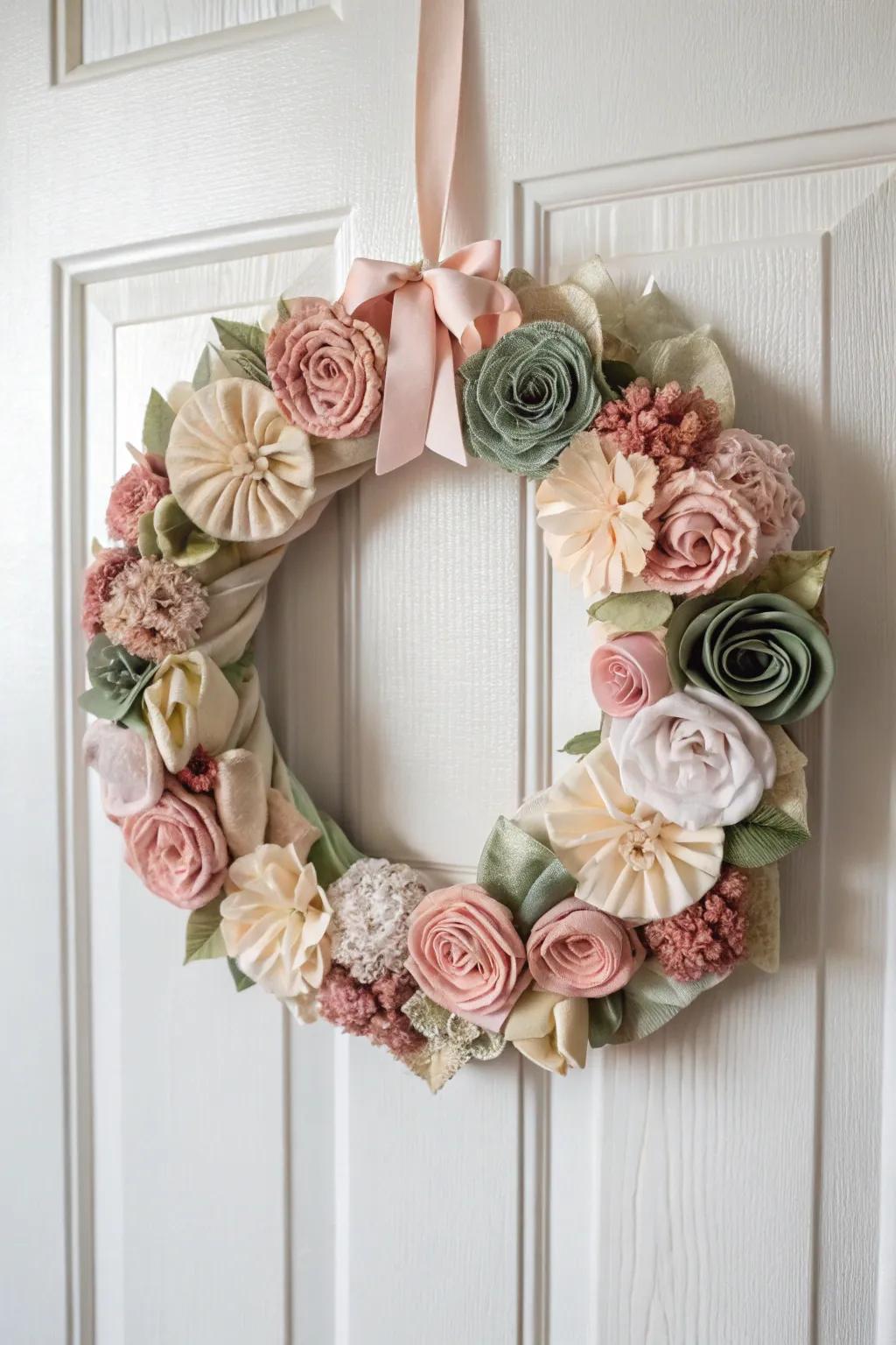 Welcome serenity and style with a handcrafted fabric flower wreath on your door.