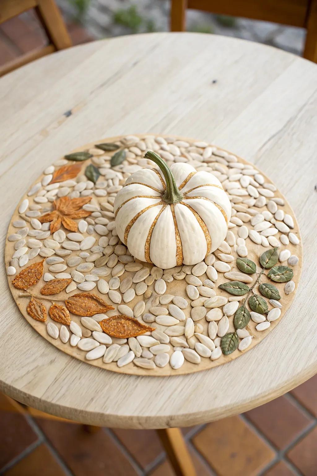 Crafting Autumn Elegance: A Pumpkin Seed Mosaic Masterpiece