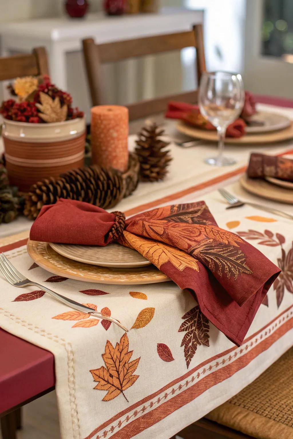 Earthy tones in napkins and tablecloths enhance the fall vibe.