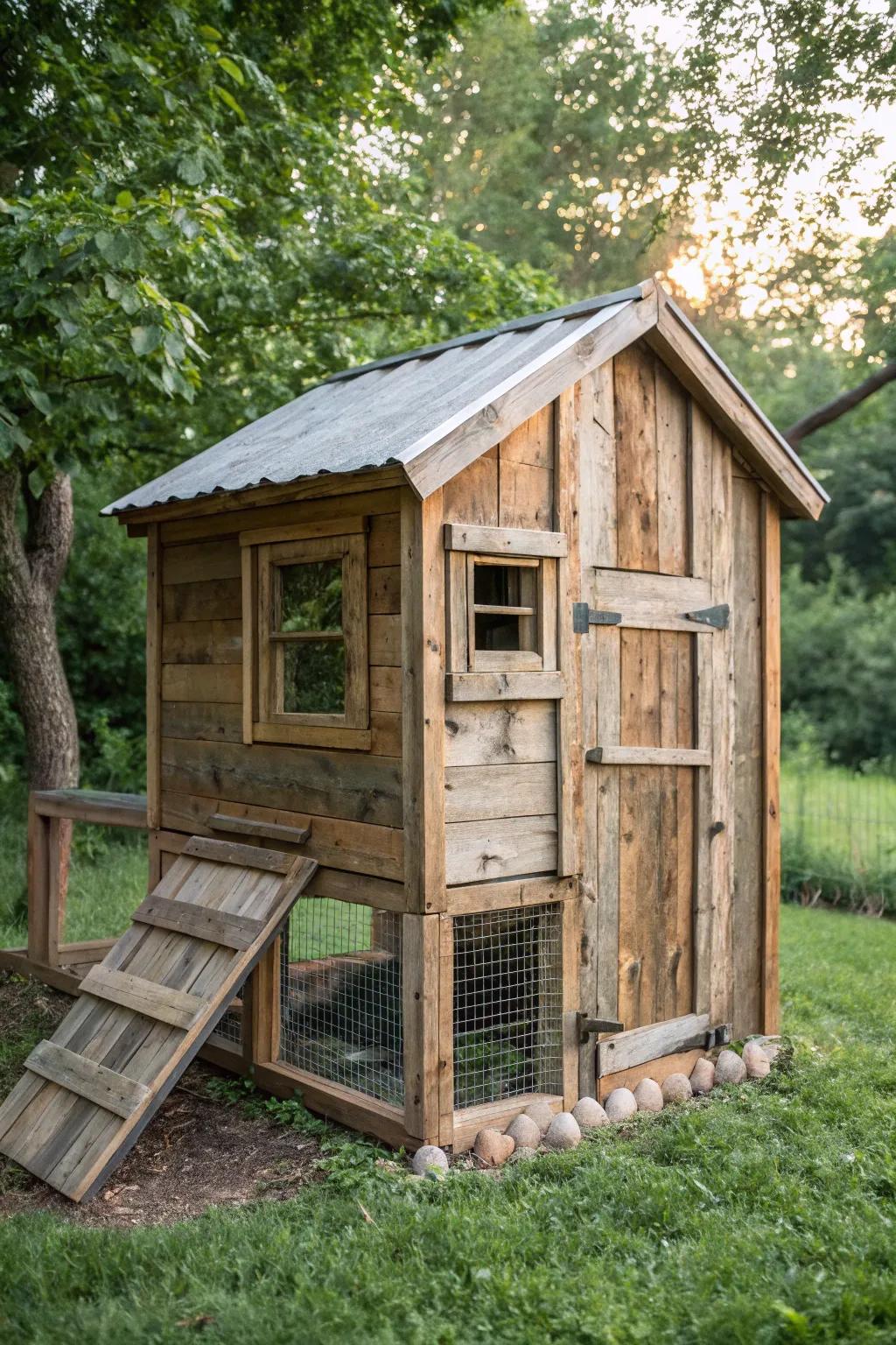 Embrace rustic elegance with this charming barnwood chicken coop, where simplicity meets natural beauty.