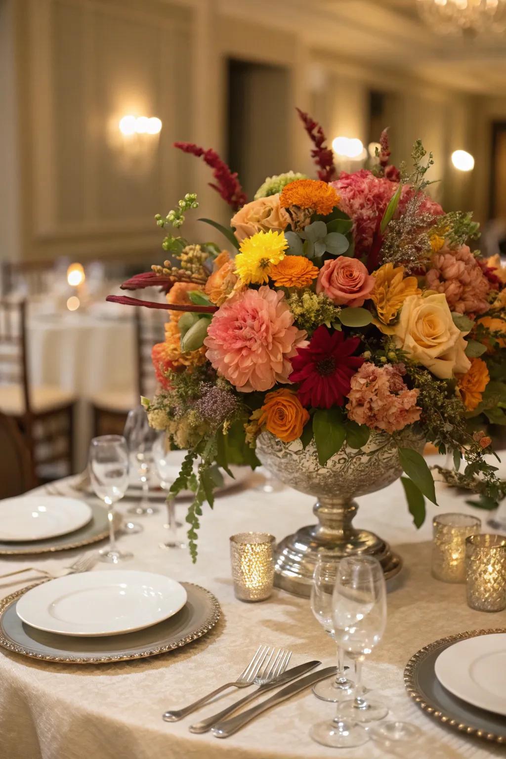 A vibrant floral centerpiece brings life and elegance to the table.