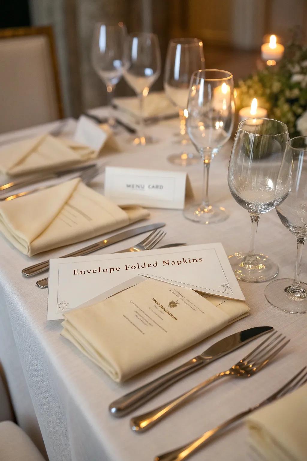Envelope-folded napkins with personal notes add a personal touch.