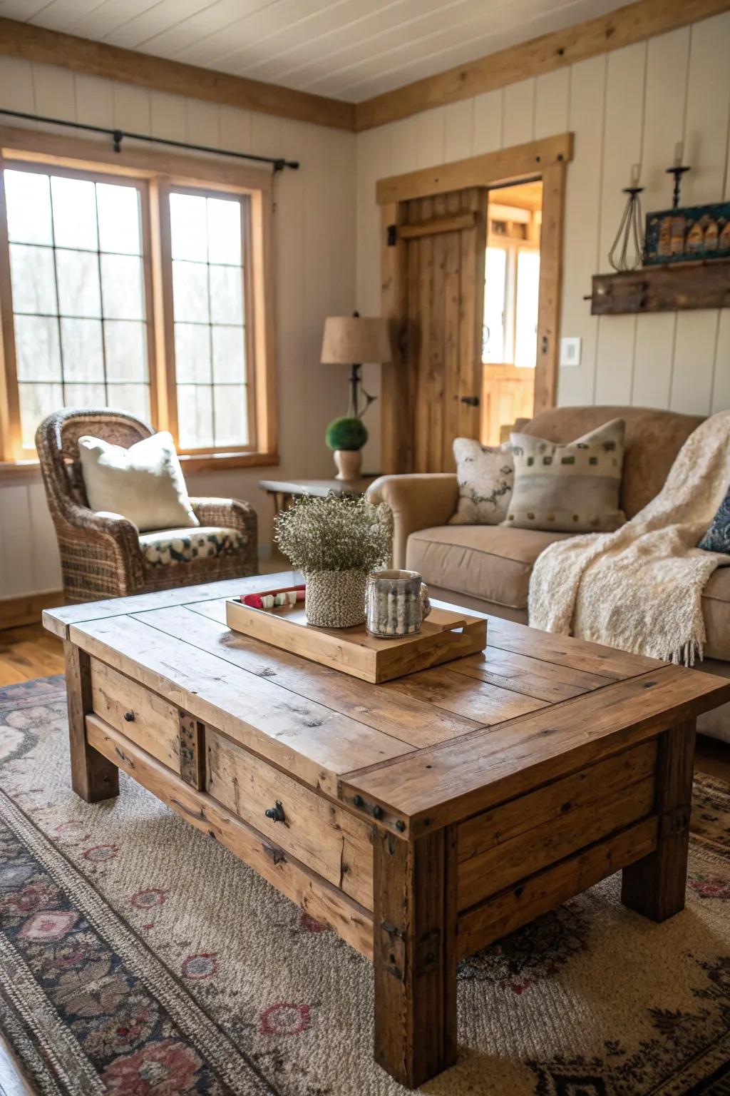 Wooden elements add warmth and rustic charm to your living room.