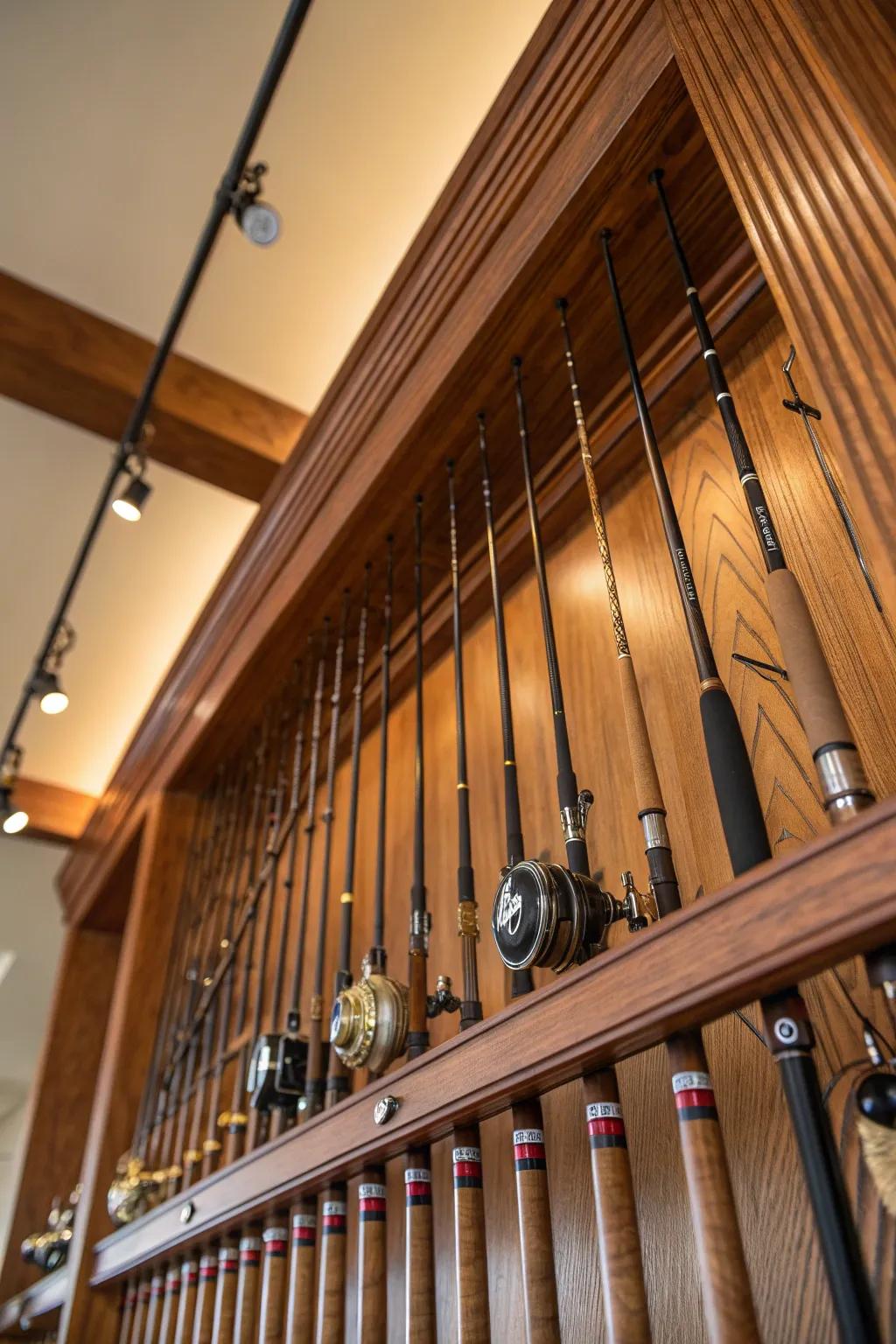 Maximize your space with style: Showcase your fishing rods with a ceiling rack that blends functionality with craftsmanship.