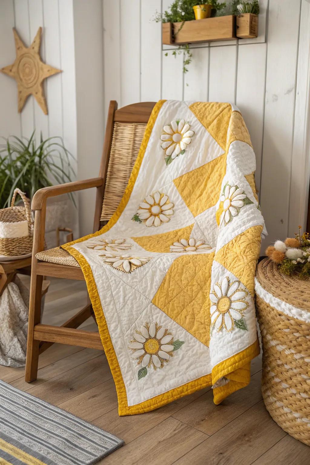 Capture the essence of sunshine with this charming daisy chain quilt pattern, perfect for adding a touch of warmth and elegance to your space.