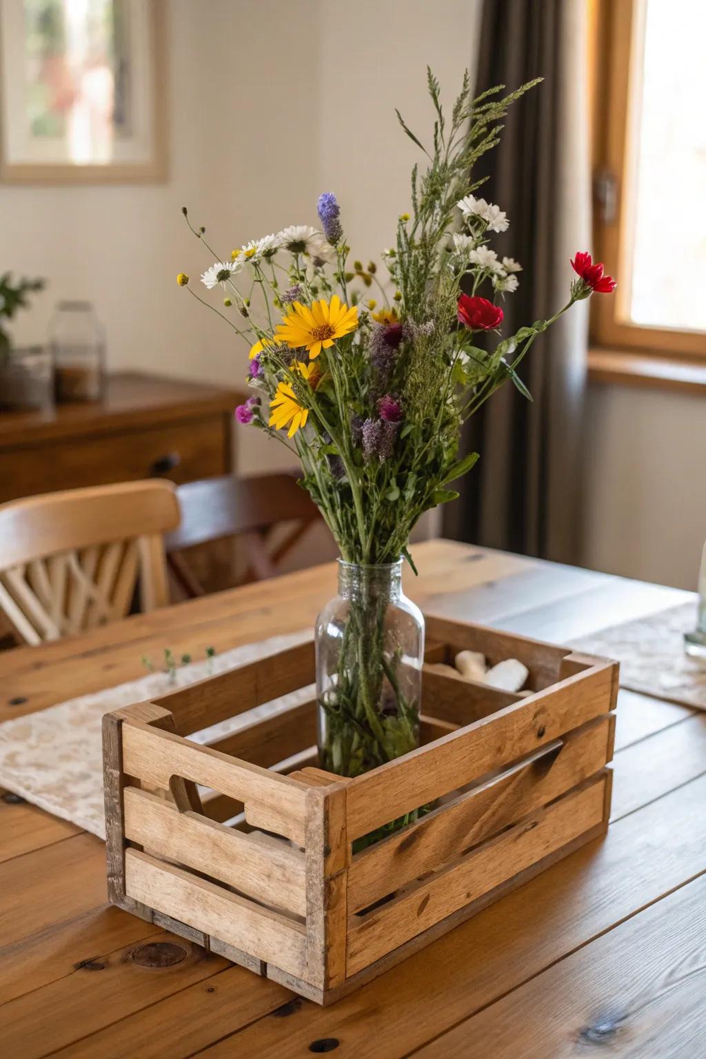 A wooden crate transforms a simple vase into a rustic centerpiece.