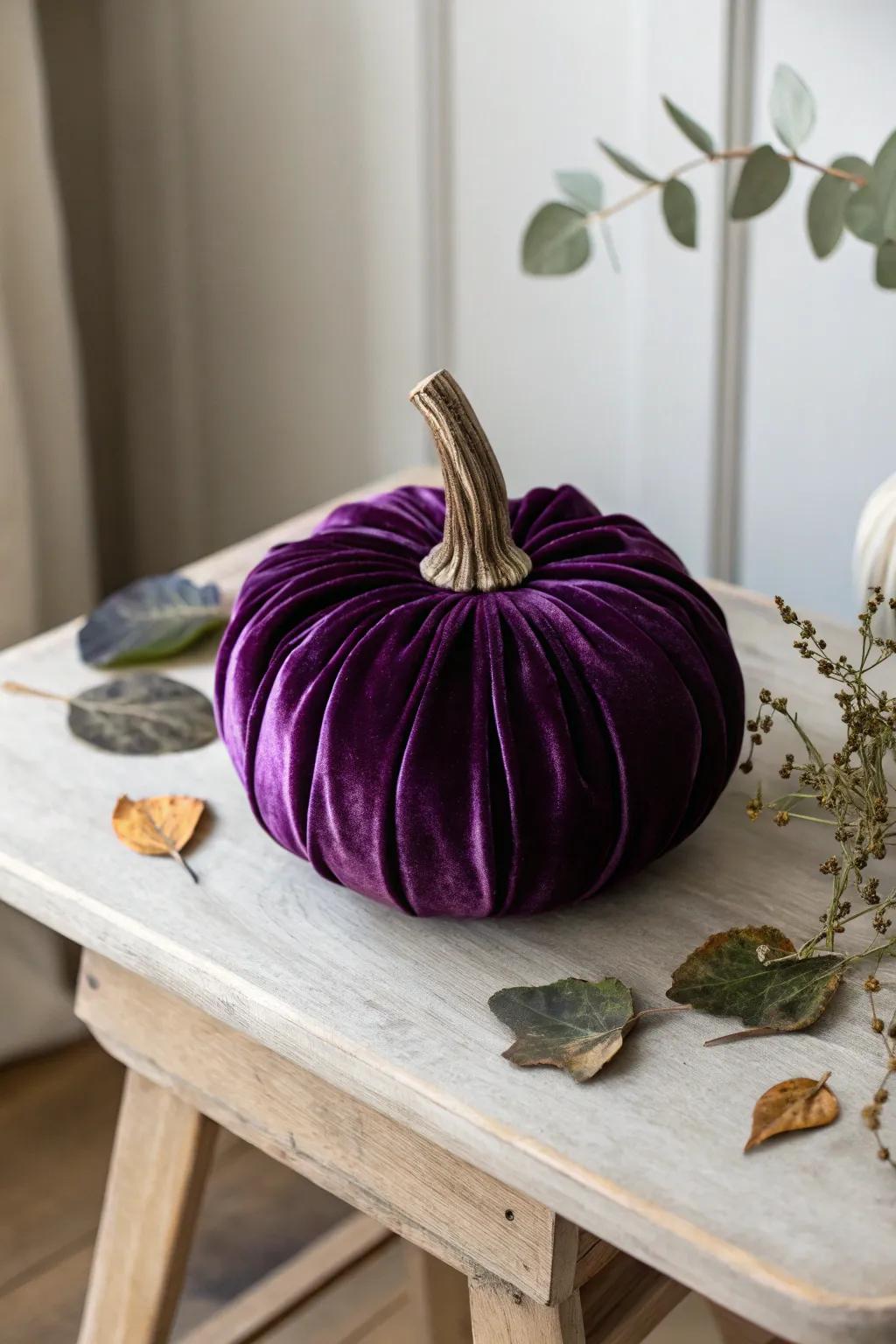 Elevate your autumn décor with a chic velvet pumpkin centerpiece, where luxury meets minimalist elegance.