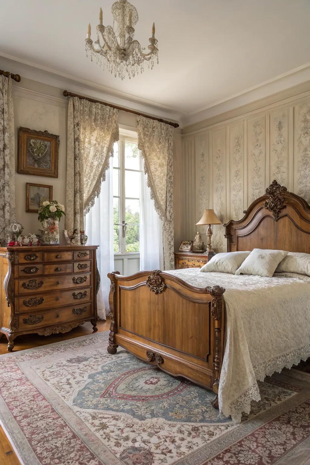 Vintage furniture adds character to this French-inspired bedroom.