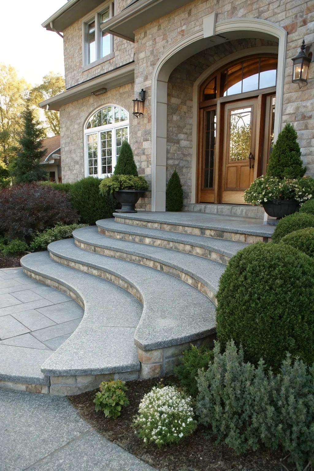 Curved granite steps offer a graceful entrance.