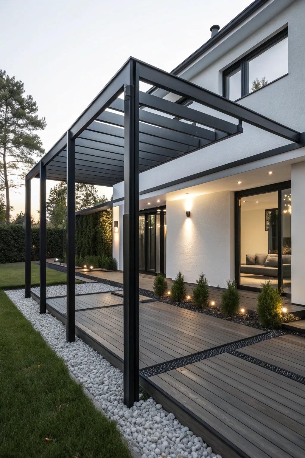 Elevate your outdoor space with a modern minimalist pergola that embodies sleek sophistication.