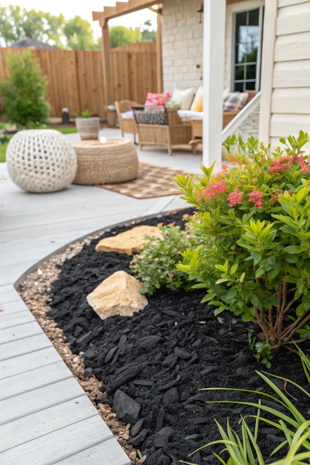 Elevate your garden's allure with the dramatic contrast of bold black mulch. Perfect for a chic and sophisticated curb appeal.