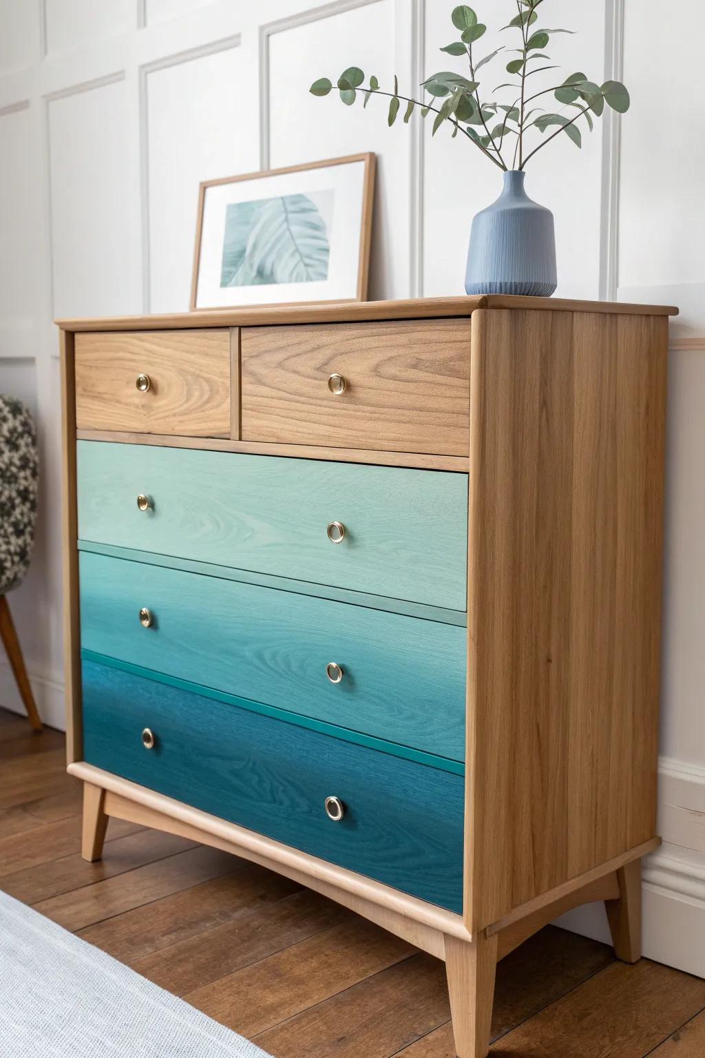 Embrace the art of ombre with this stunning dresser transformation! 🌿✨ #ScandiBoho #OmbreDresser #MinimalistBeauty
