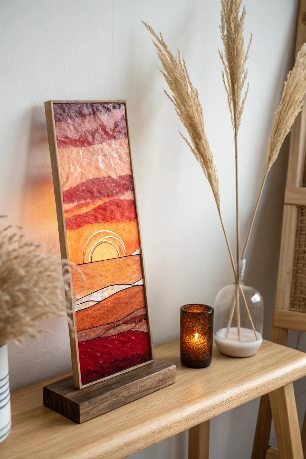 Capture the warmth of a sunset with this stunning fused glass panel, a perfect blend of simplicity and natural beauty.