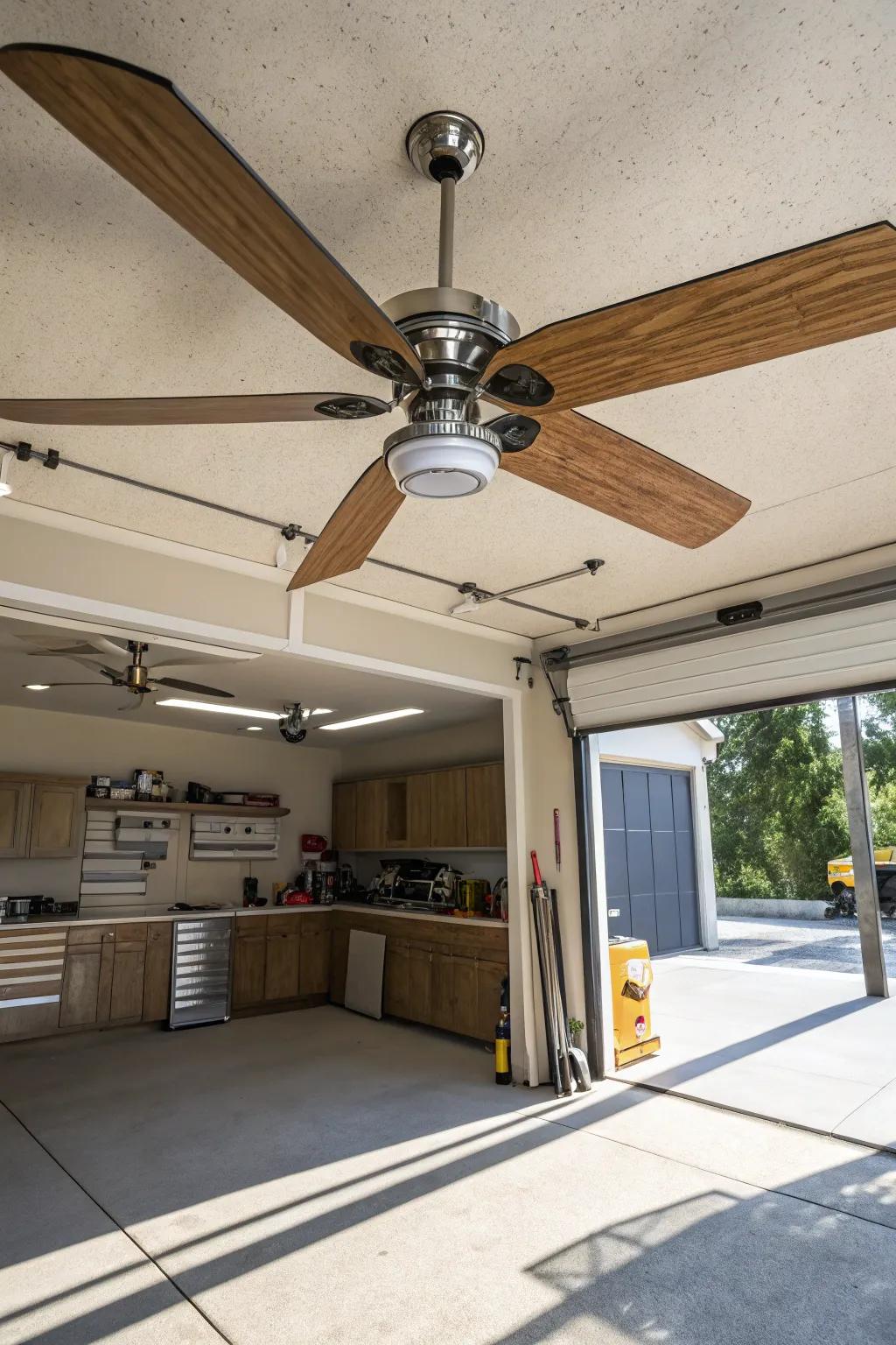 Elevate your garage with a ceiling fan that marries style and function.