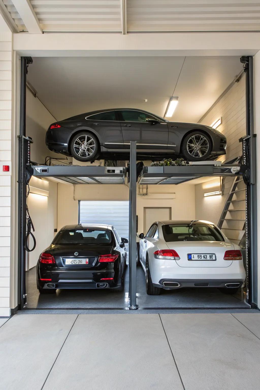 A four-post lift allows for vertical car stacking, optimizing garage space.
