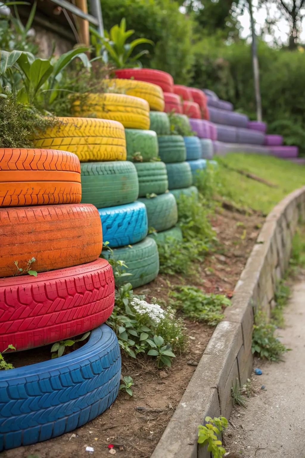 Transform your garden with a splash of color: vibrant tire retaining walls that turn heads!