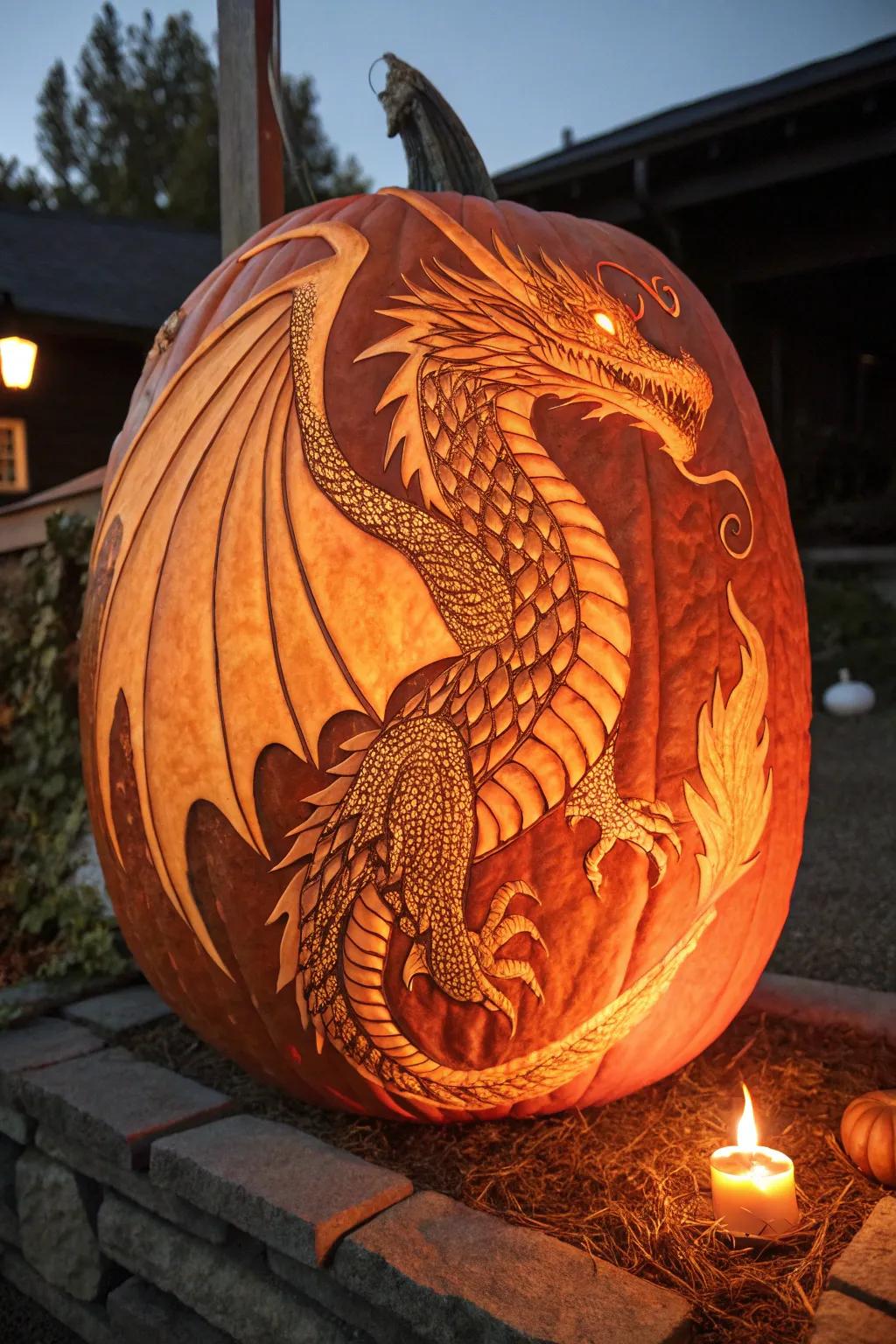 Unleash the fiery elegance of this intricately carved dragon pumpkin.