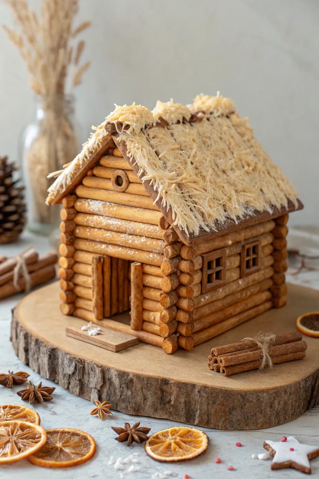 Embrace the cozy charm of a rustic gingerbread cabin, where craftsmanship meets winter warmth.
