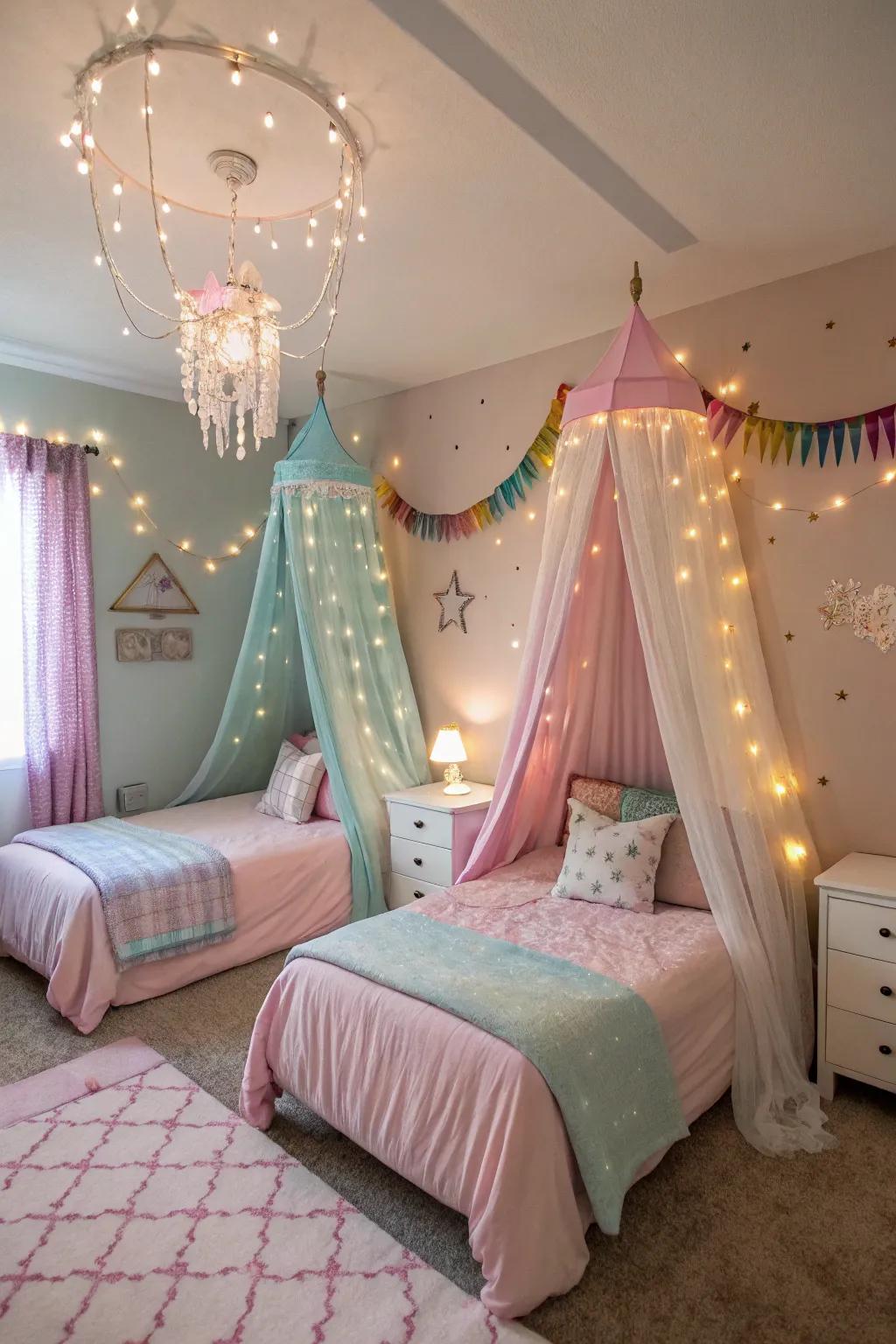 Canopies add charm and a sense of personal space in a shared room.