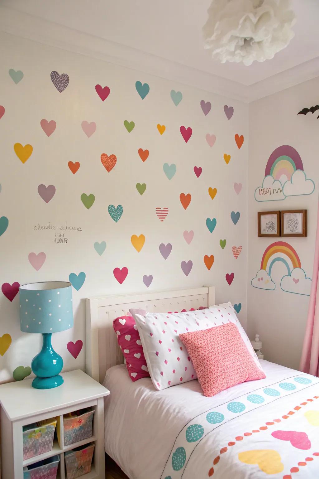 Playful cloud and heart decals bring personality to the bedroom.