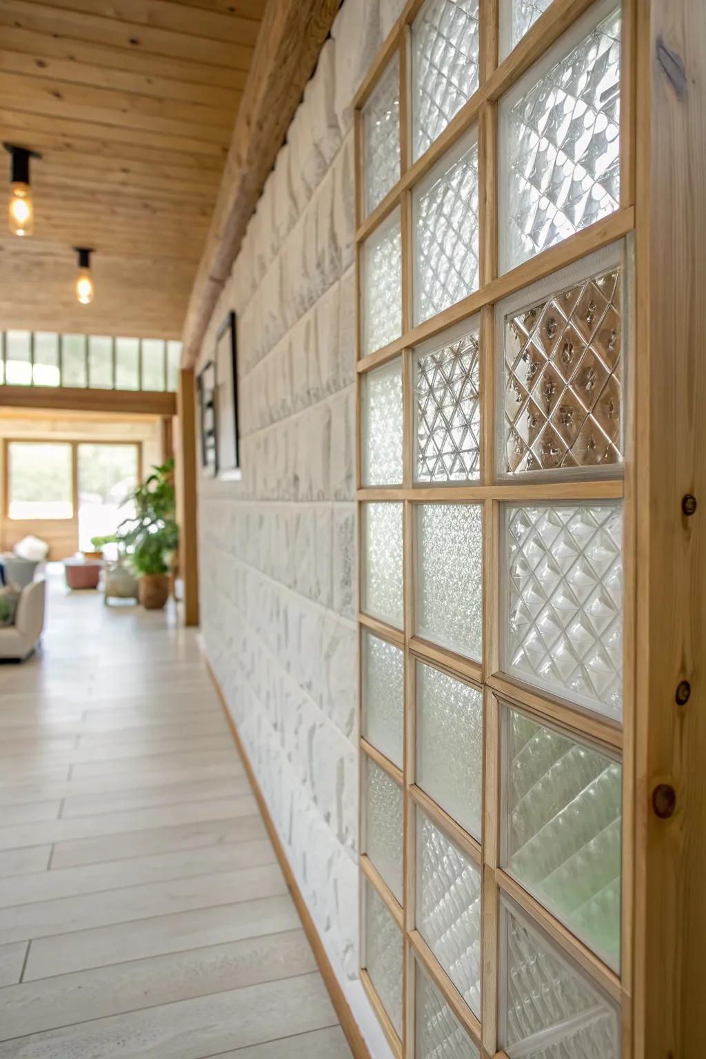Elevate your space with a stunning glass block statement wall that combines minimalist design with natural beauty.