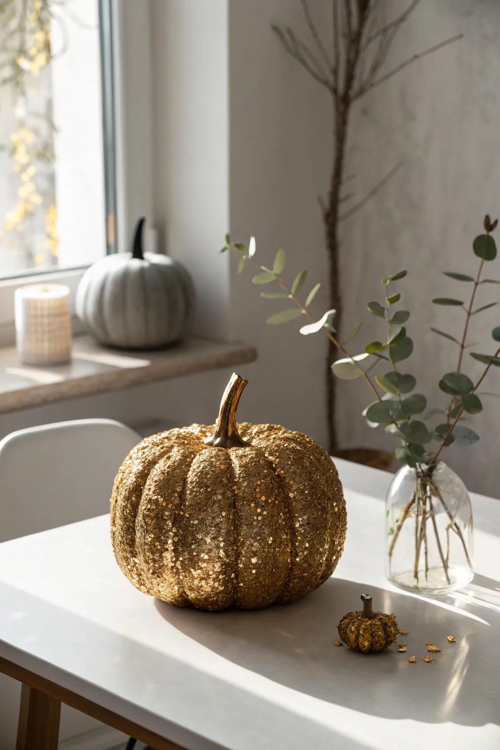 Elevate your autumn decor with a touch of sparkle. This sequin-covered pumpkin is a blend of minimalism and boho charm, perfect for a stunning seasonal centerpiece.
