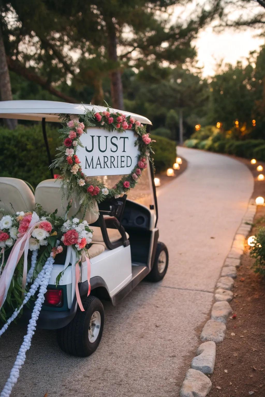 A charming golf cart decorated for a newlywed's grand exit.