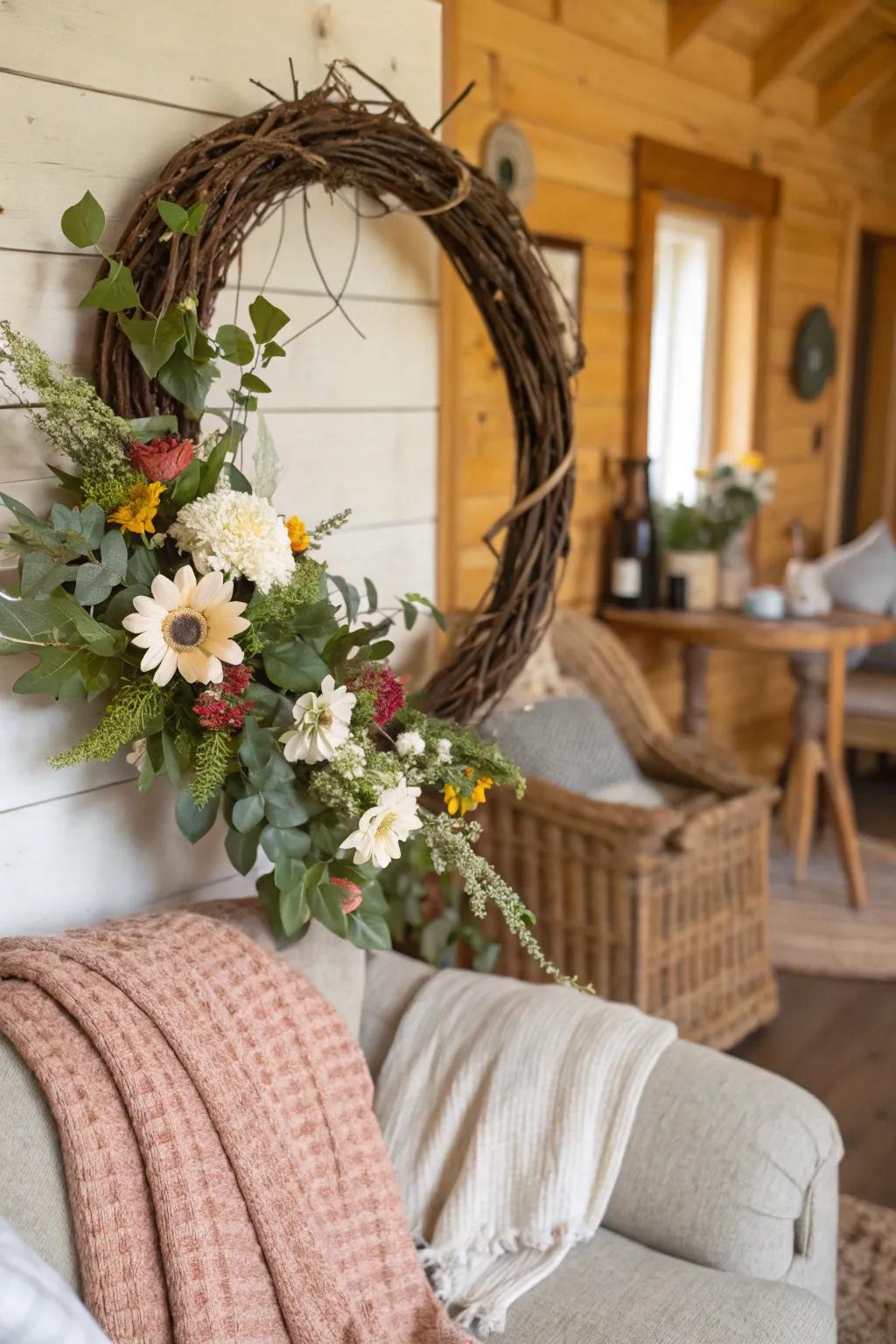 A seasonal transformation of a wreath into a grapevine swag.