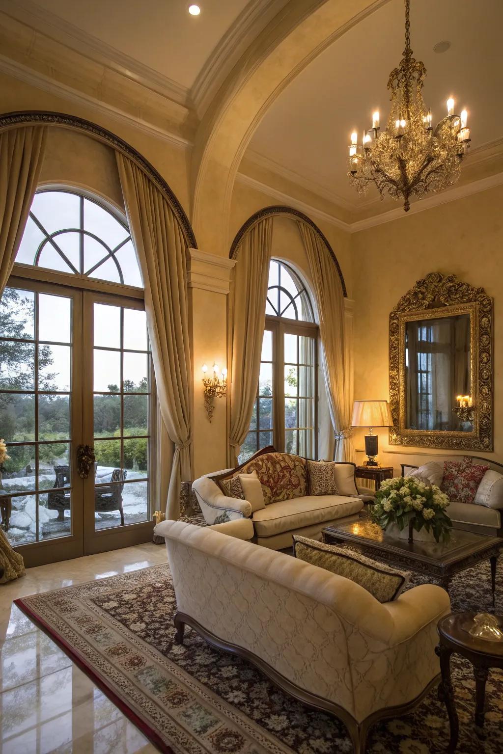 A cozy living room enhanced by the elegance of arched windows.