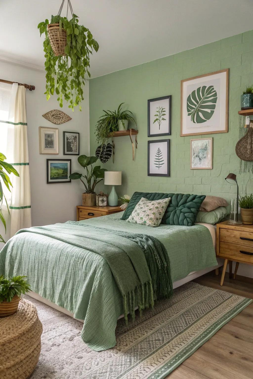 A sophisticated bedroom with layered green tones adding depth.