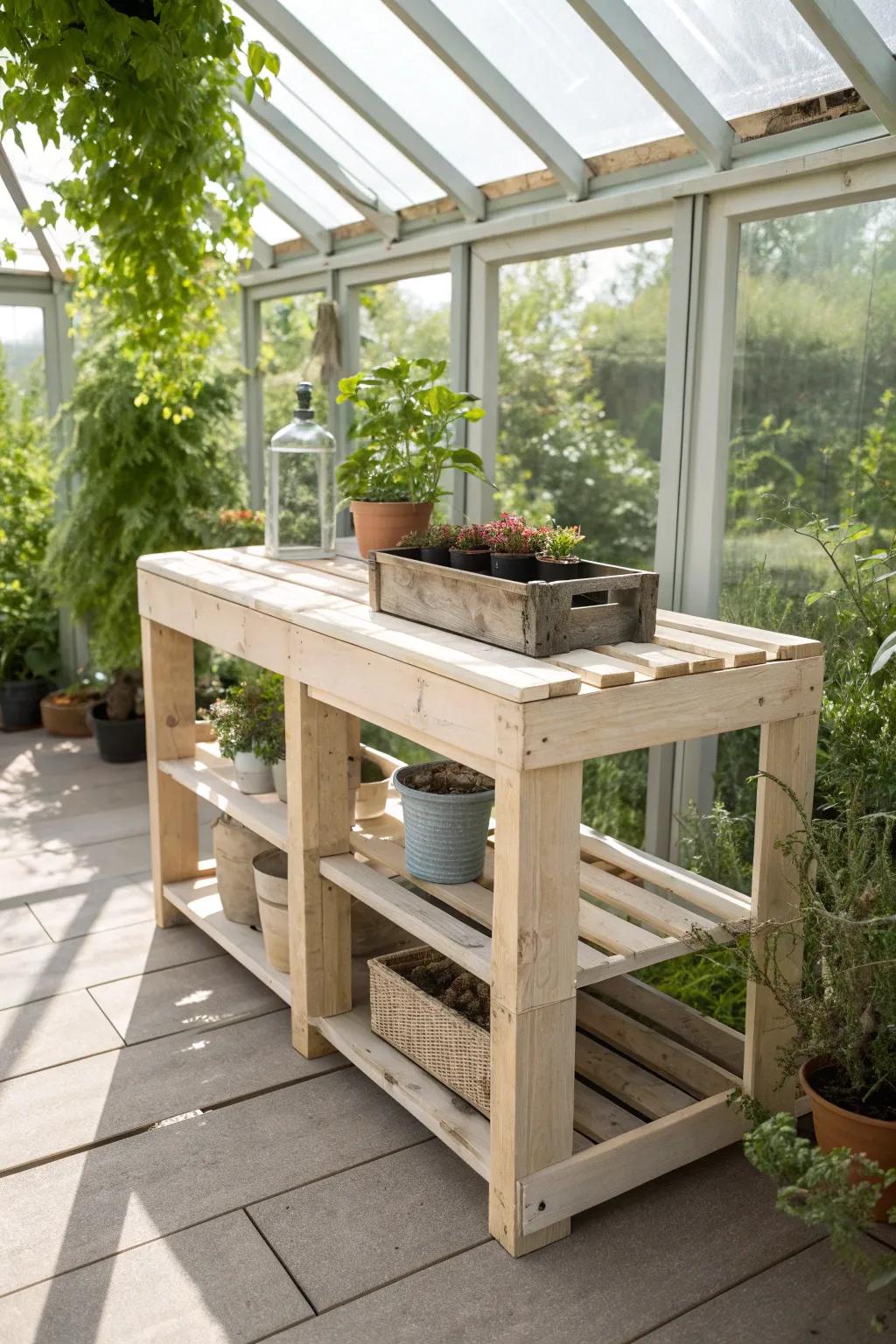 Embrace sustainability with a chic DIY greenhouse table crafted from upcycled pallets. 🌿✨ #PalletPerfection