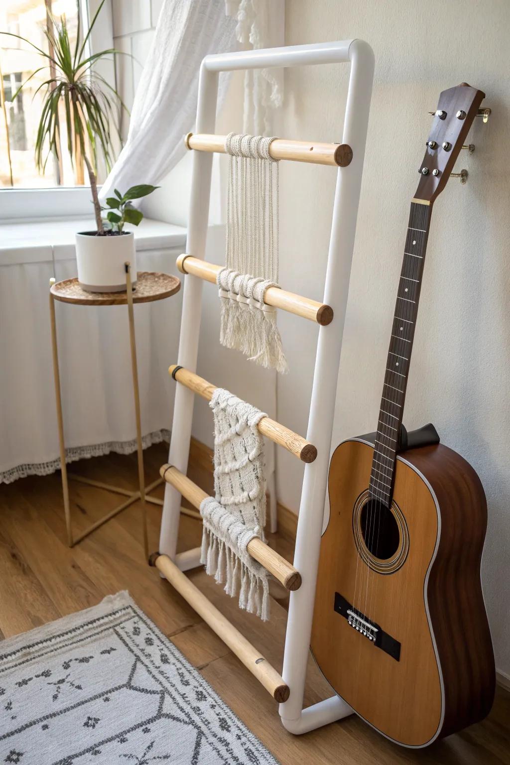 Elevate your space with this chic DIY guitar case rack, blending Scandinavian minimalism with a touch of boho elegance.