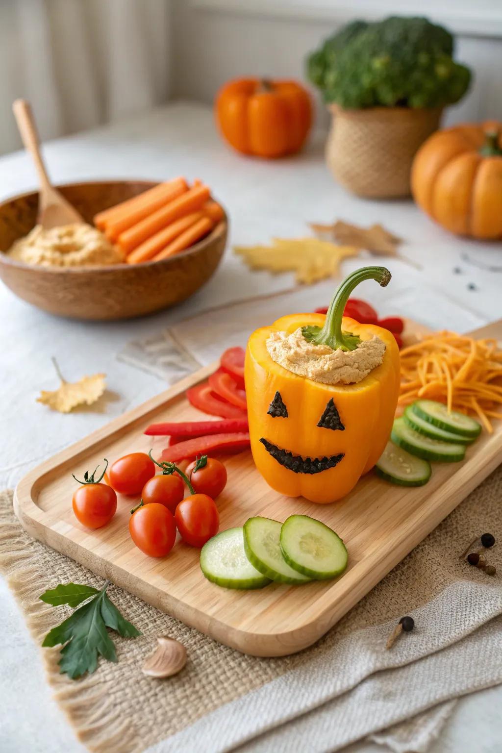 A whimsical twist on Halloween snacks: Carved mini bell peppers filled with delicious hummus. Embrace the season with style and simplicity!