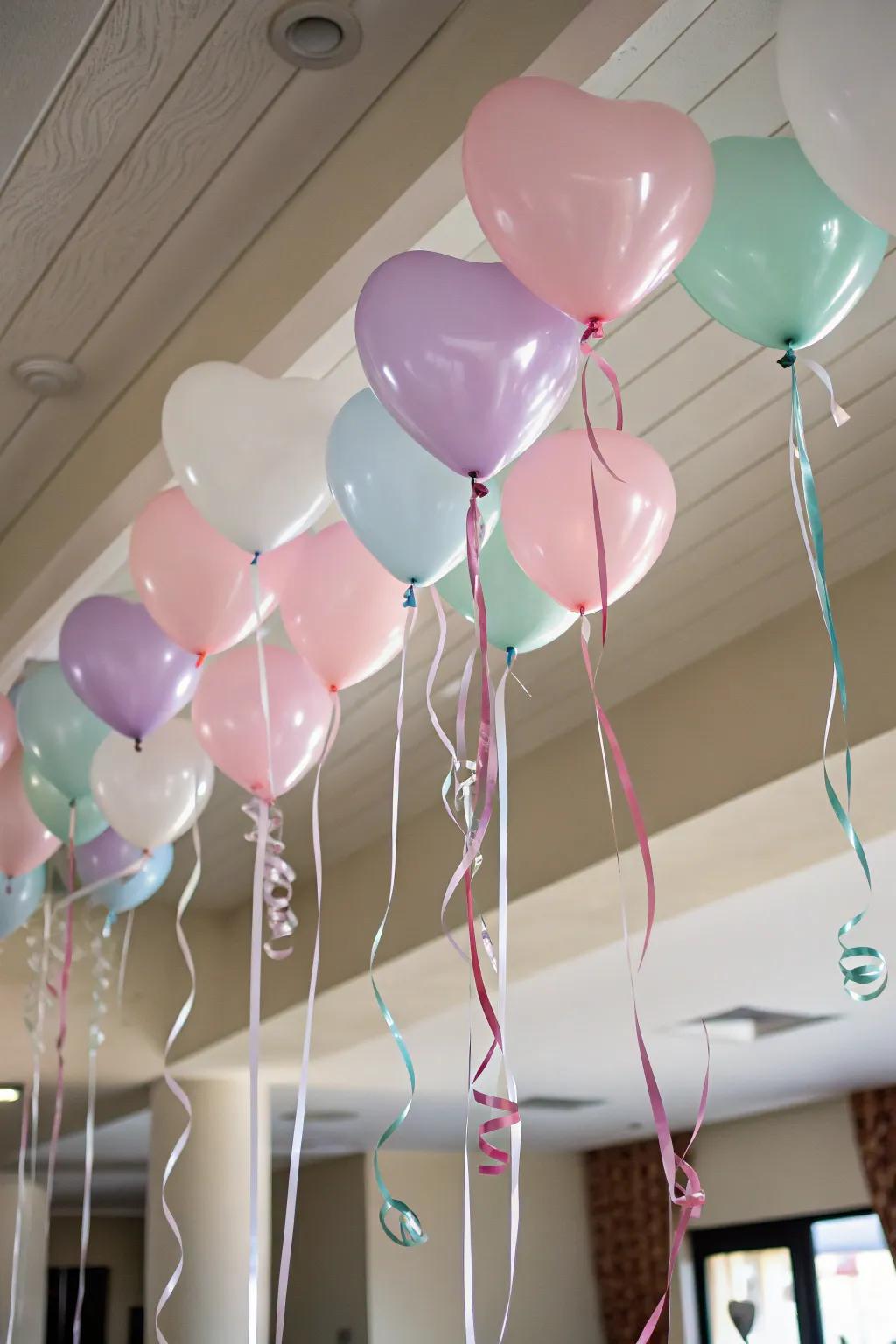 Floating heart balloons create a magical ceiling display.