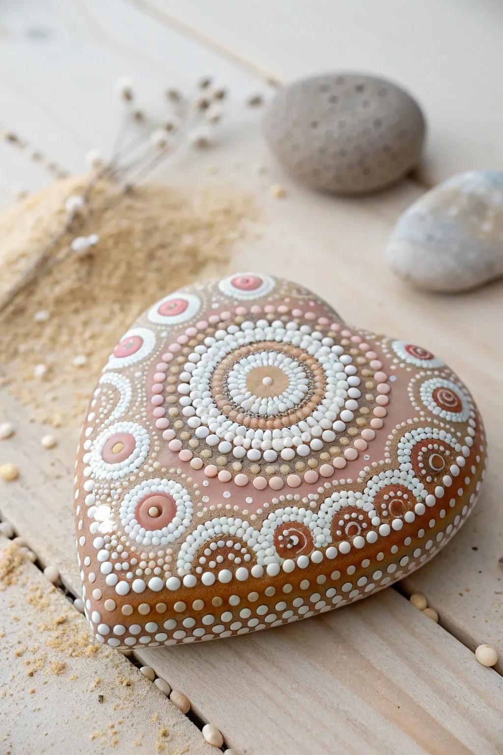 Discover the art of dot patterns with a boho twist on this beautifully painted heart rock. Perfect for adding a touch of handcrafted elegance to your space!