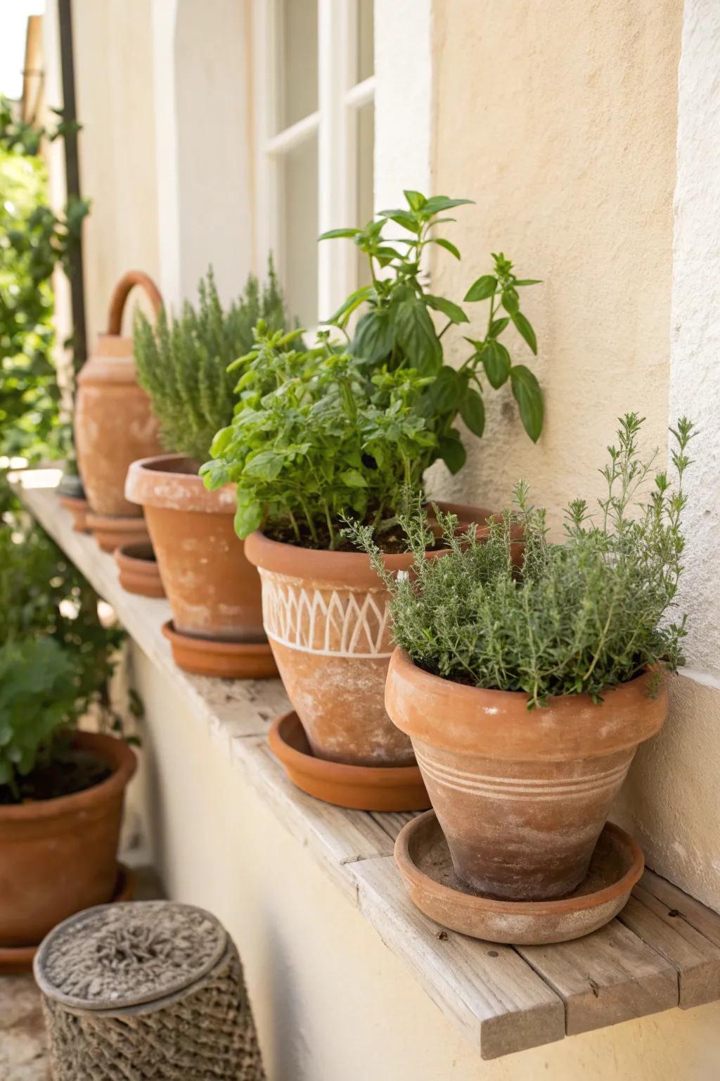 Create a charming herb garden with mismatched terra cotta pots for a touch of natural elegance.