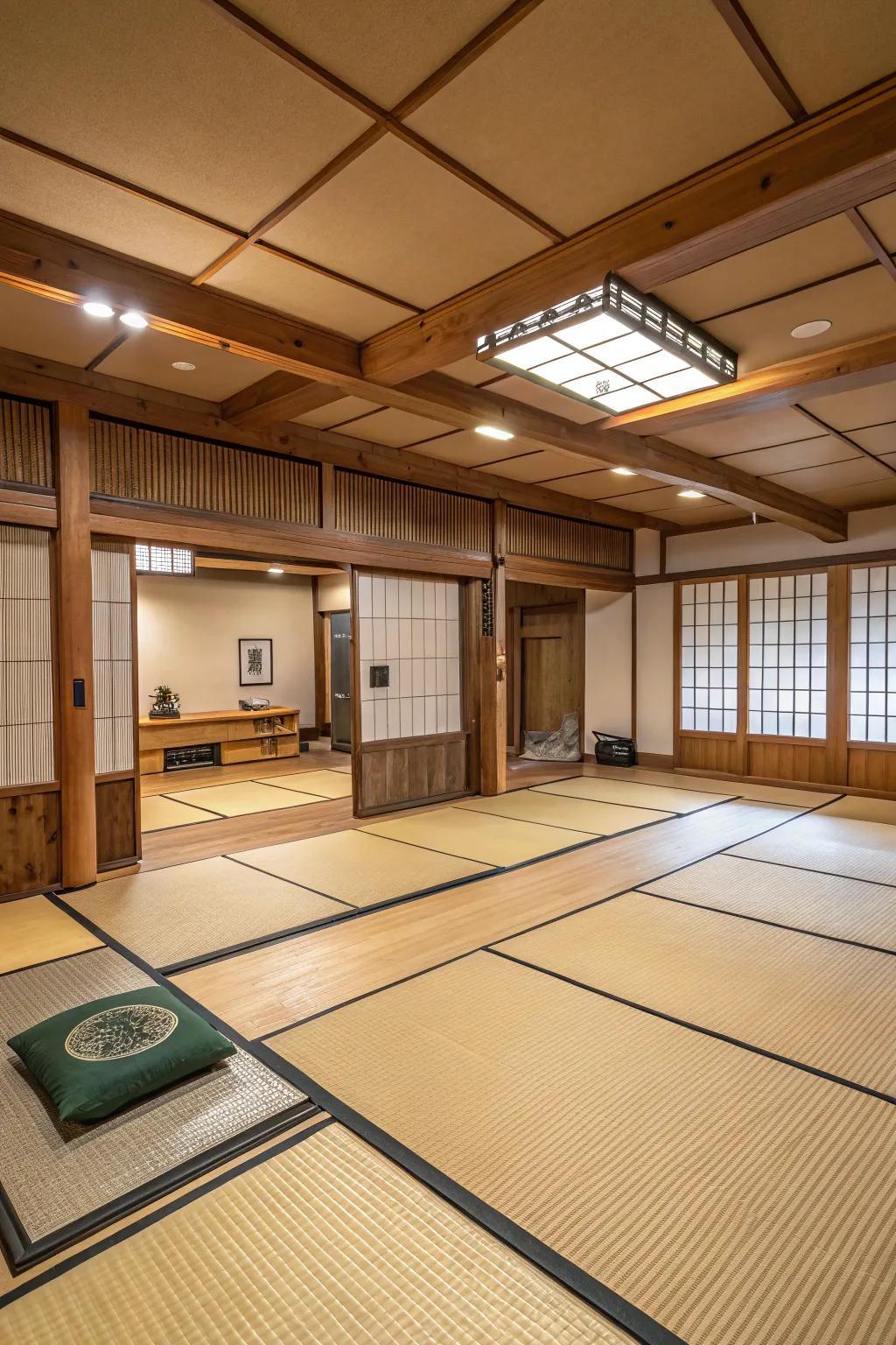 Tatami mats provide both tradition and safety in a home dojo.
