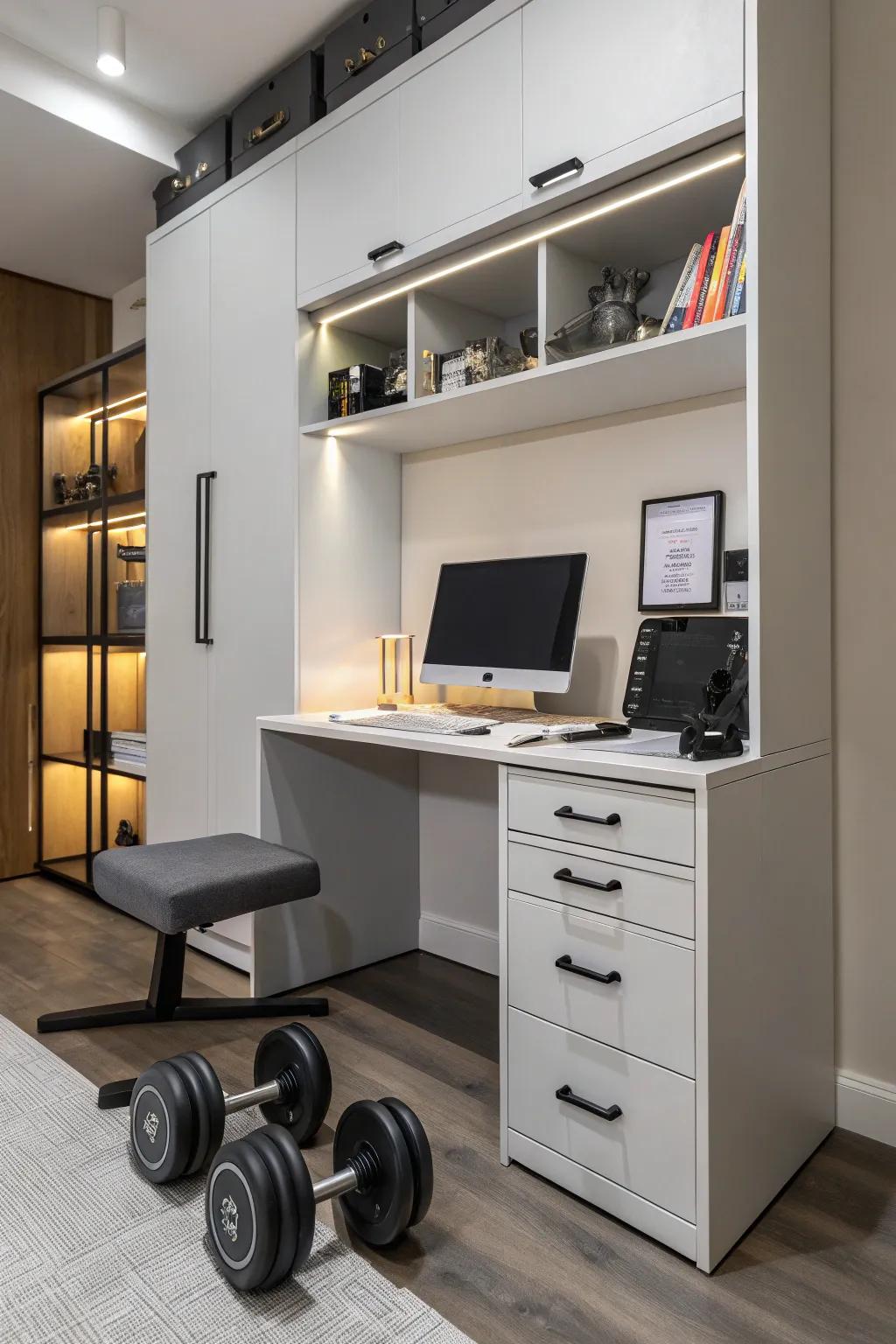 Smart furniture choices keep your home office gym organized and elegant.