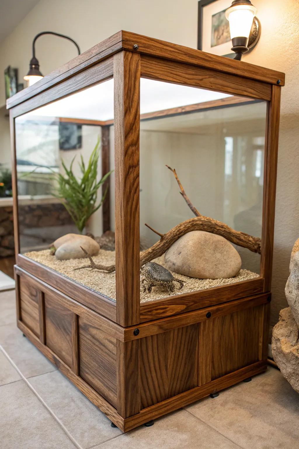 Embrace simplicity and warmth with this wood and glass bearded dragon tank—where rustic charm meets modern elegance.
